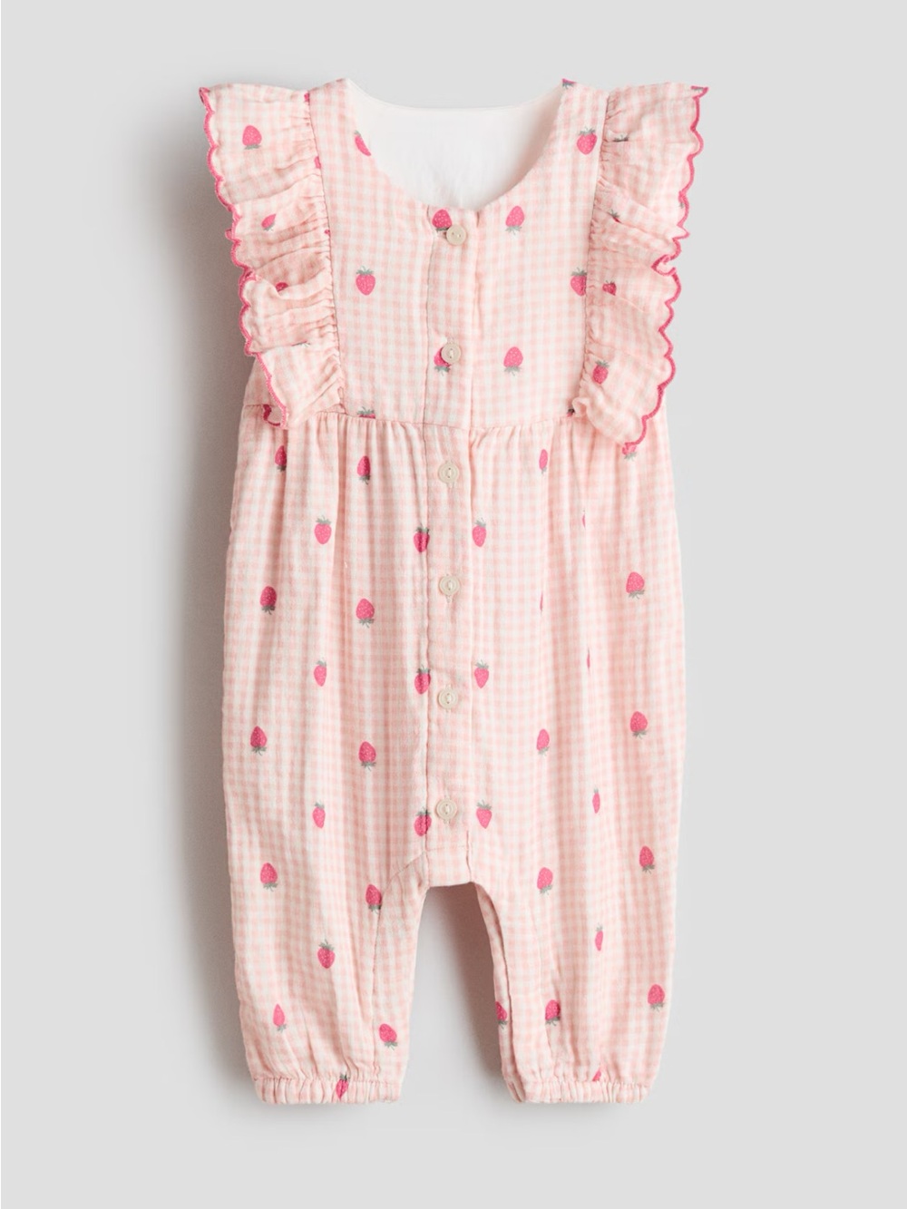 H&M Strawberry Ruffle-Trimmed Muslin Romper Suit
